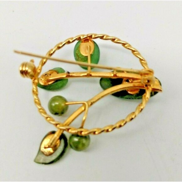 Vintage Green Jade Floral Spray Gold Tone Brooch 1.5" X 2" - Picture 4 of 10